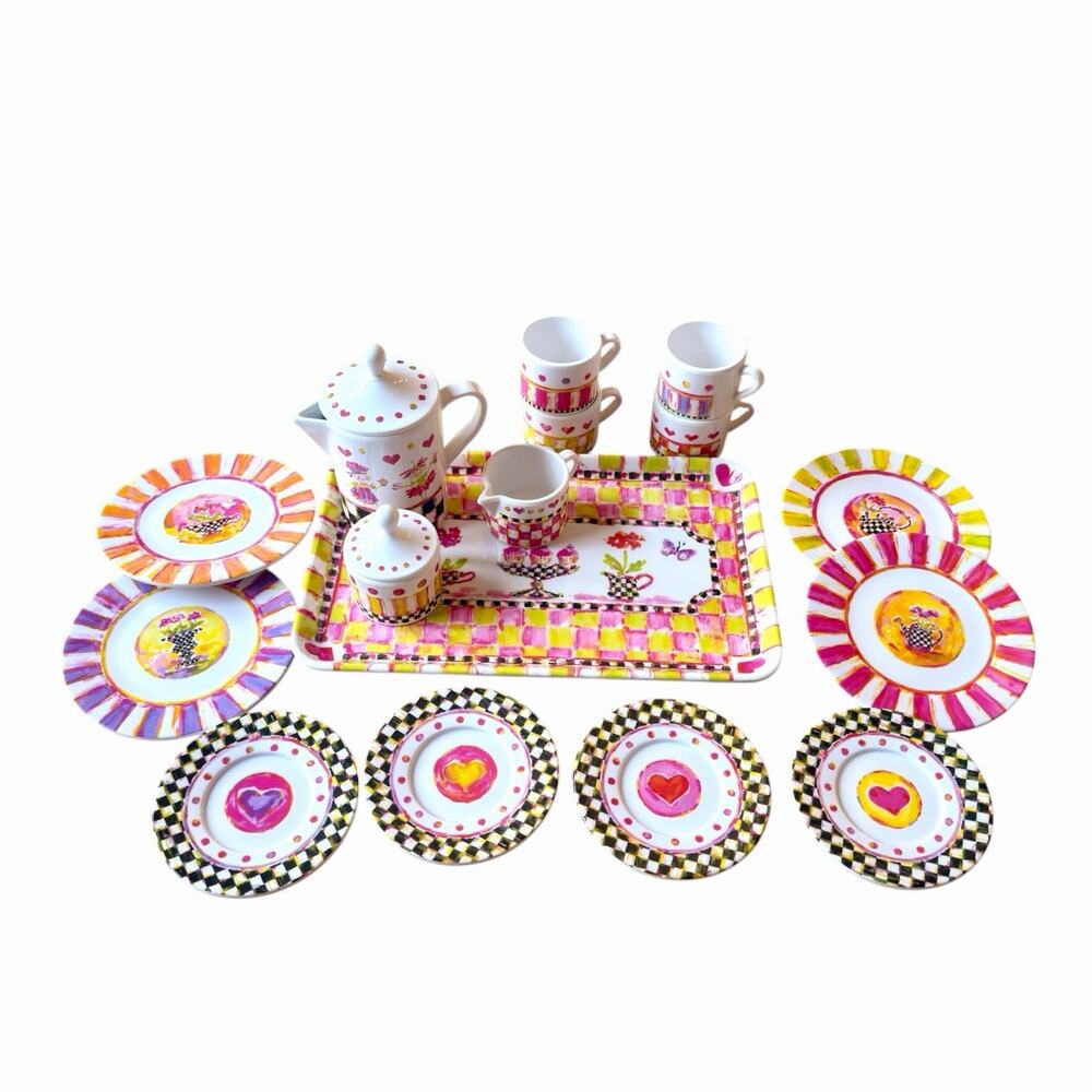 Mackenzie Childs Toddlers Tea Party Set Pink Courtly Check Pretend Creative Play